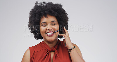Buy stock photo Business, call centre and black woman in studio, smile and customer support on white background. African person, employee or consultation with help desk, conversation and advice with friendly service