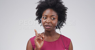 Buy stock photo Black woman, call center agent and problem solving in studio for help, customer service or space. Consultant, support and listening with headset for troubleshooting, idea or think on white background