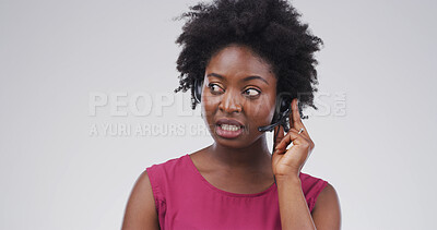 Buy stock photo Black woman, call center agent and thinking in studio for help, customer service and space. Consultant, support and listening with headset for problem solving, crm and advice on white background