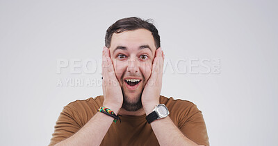 Buy stock photo Shocked, man and reaction to rumor, portrait or amazed by announcement, gossip and white background. Surprised, person and mouth open for unexpected news, studio or revelation of drama, listen or wow