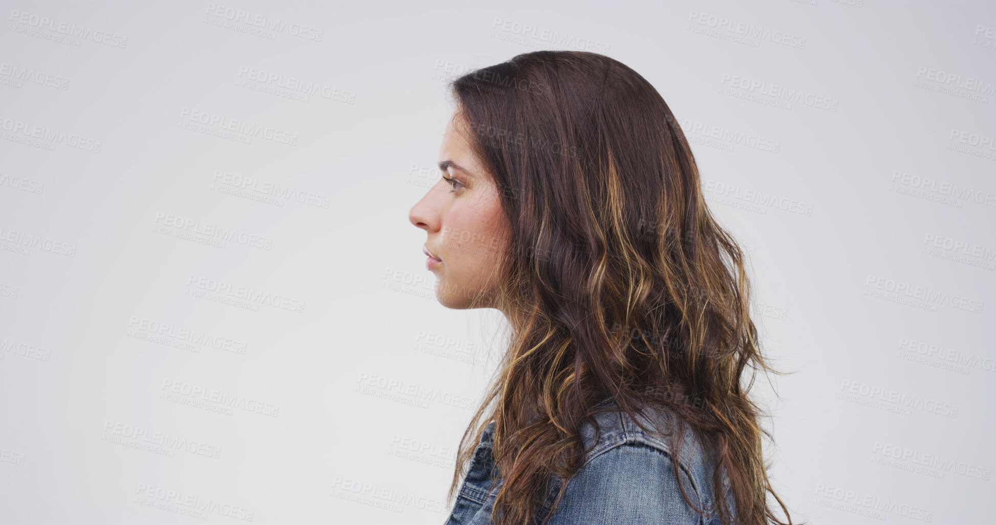 Buy stock photo Profile, serious and woman with pride, studio or journalist with story, ambitious and career growth. White background, reporter and person with confidence for project, creative or plan for article