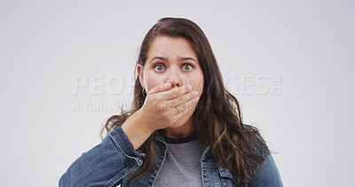 Buy stock photo Shocked, portrait and woman in studio with face expression, bad news or negative announcement. Secret, surprise and cover mouth for gossip, drama and feedback or review of fail on a white background