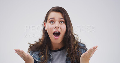 Buy stock photo Surprise, excited and portrait of woman in studio with winning, target or goal with good news. Happy, announcement and female person with shocked, omg or wow face expression by white background.