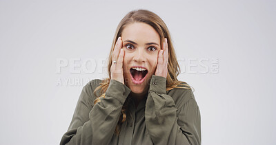 Buy stock photo Portrait, woman and shocked expression in studio for announcement, good news and hearing secret. Person, space and mind blown for gossip drama, giveaway winner and unexpected deal on white background