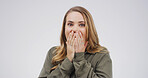 Surprise, happy and portrait of woman in studio with winning, target or goal with good news. Excited, announcement and female person with shocked, omg or wow face expression by white background.