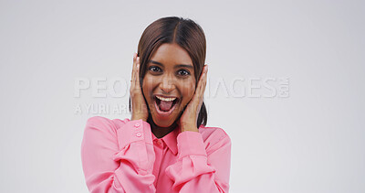 Buy stock photo Happy woman, portrait and shock with surprise for good news or alert on a white studio background. Face, female person or model with gasp, wow or omg for winning, promotion or bonus on mockup space