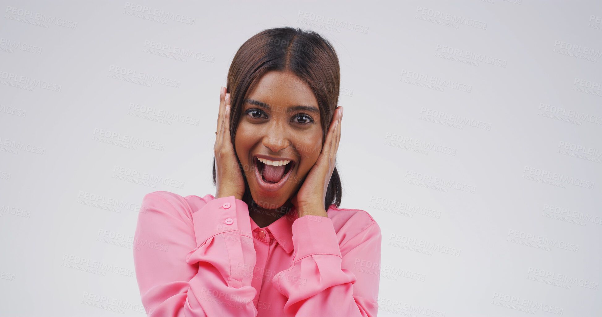 Buy stock photo Happy woman, portrait and shock with surprise for good news or alert on a white studio background. Face, female person or model with gasp, wow or omg for winning, promotion or bonus on mockup space