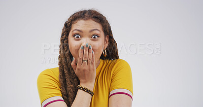 Buy stock photo Shocked, portrait and woman in studio with wow expression, announcement or cover mouth. Surprise, gossip and happy female person on white background for giveaway prize, discount or emoji by space