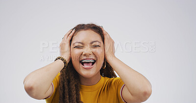 Buy stock photo Shock, excited and scream with woman in studio for winner, scholarship or deans list announcement. Surprise, academic merit and student reward with person on white background for wow, space and bonus