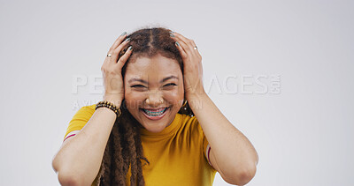 Buy stock photo Shock, excited and smile with woman in studio for winner, scholarship or deans list announcement. Surprise, academic merit and student reward with person on white background for wow, space and bonus