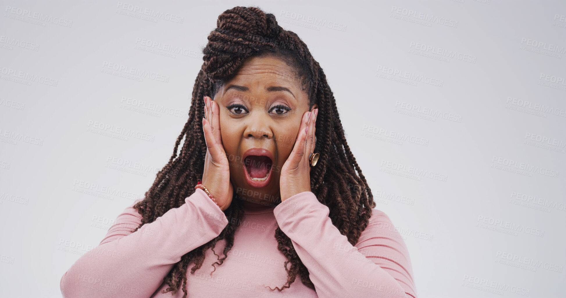 Buy stock photo Shocked, portrait and black woman in studio with wow expression, bad news or negative announcement. Omg, surprise and mouth open for gossip, drama and feedback or review of fail on white background