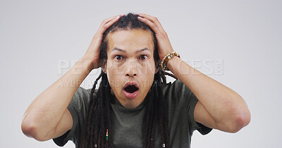 Buy stock photo Shocked, man and amazed by announcement, portrait or reaction to gossip, rumor and white background. Surprised, African person and mouth open for news, studio or revelation of drama, listening or wow