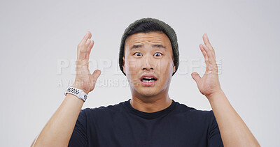 Buy stock photo Portrait, Asian man and shocked in studio for fake news, bad rumor and gossip drama. Male person, space and mind blown reaction for horror story, danger risk and revelation secret on white background