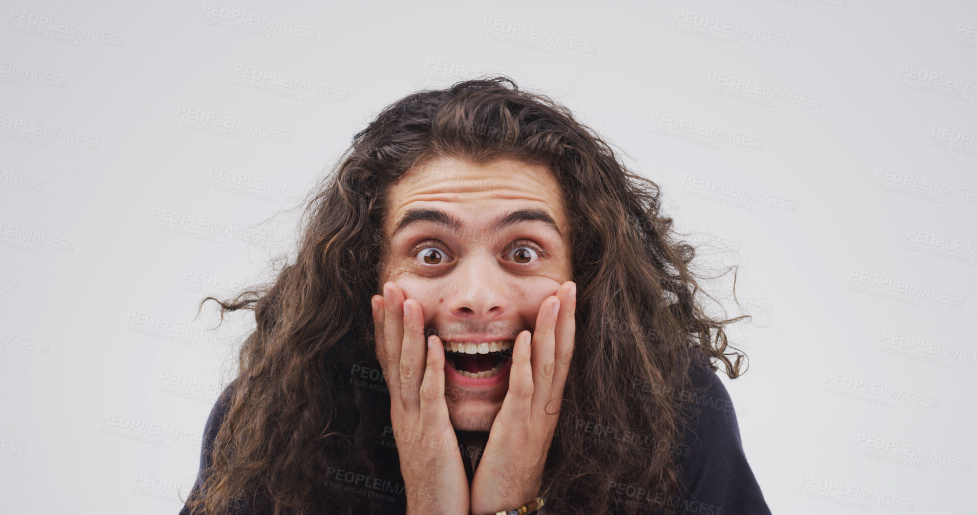 Buy stock photo Surprise, happy and portrait of man in studio with winning, target or goal with good news. Excited, announcement and male person from Portugal with shocked, omg or wow expression by white background.