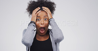 Buy stock photo Shocked woman, portrait or fear for trauma, mental health or scared on a white studio background. Anxious, female person or model with wtf or omg for terror, surprise or mind blown on mockup space
