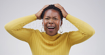 Buy stock photo Excited, overwhelmed and woman with portrait in studio for lottery win, good news and announcement. Mockup, black person and shock for giveaway prize, omg reaction and achievement on white background