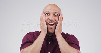Buy stock photo Portrait, surprised and mind blow with man in studio of announcement, good news and hearing secret. Shocked, person and space for gossip drama, giveaway winner and unexpected deal on white background