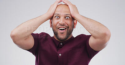 Buy stock photo Portrait, shocked and mind blown with man in studio of announcement, good news and hearing secret. Surprise, person and space for gossip drama, giveaway winner and unexpected deal on white background