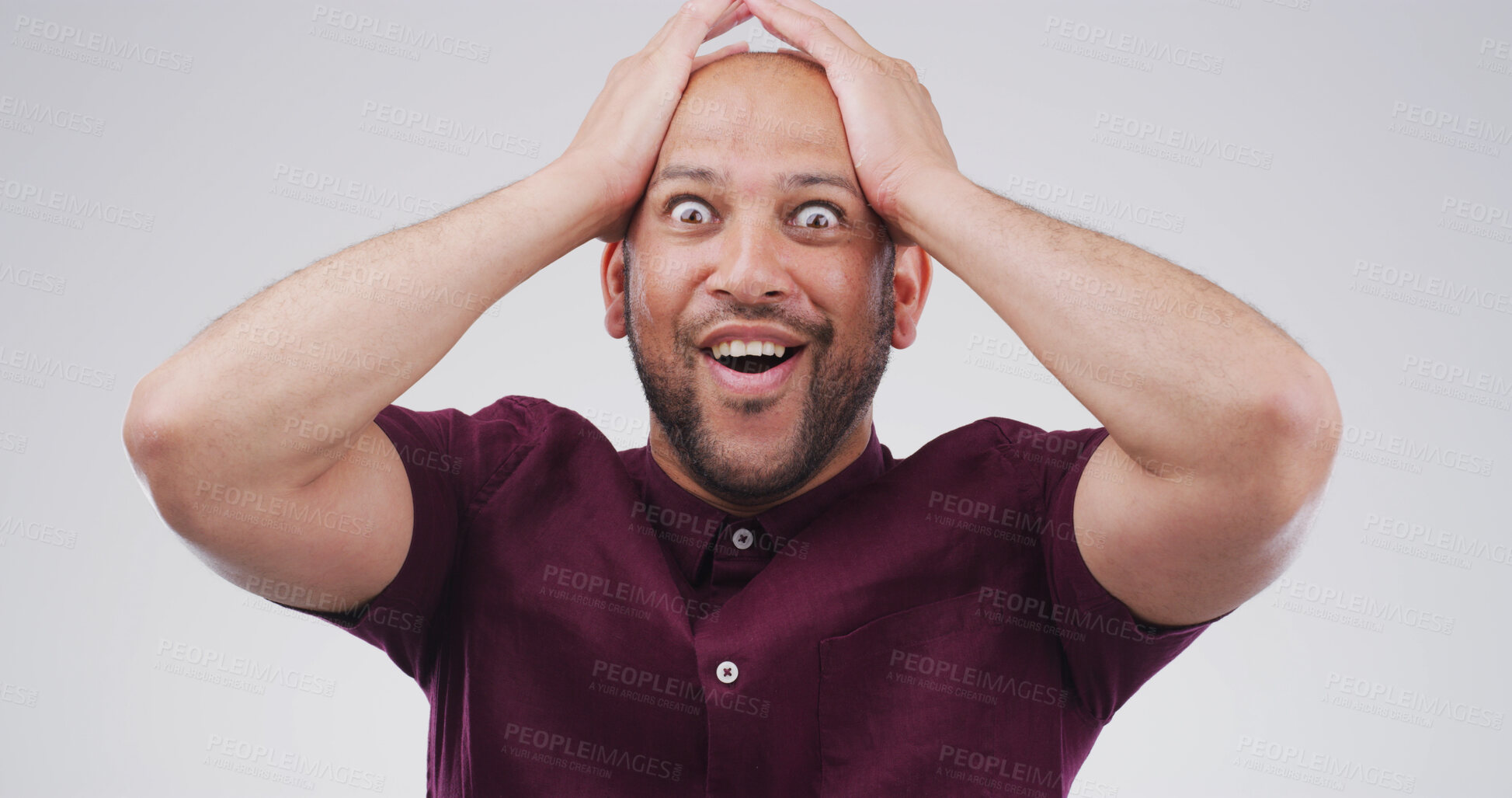 Buy stock photo Portrait, shocked and mind blown with man in studio of announcement, good news and hearing secret. Surprise, person and space for gossip drama, giveaway winner and unexpected deal on white background