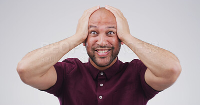 Buy stock photo Portrait, shocked and mind blow with man in studio for announcement, good news and hearing secret. Surprise, person and space for gossip drama, giveaway winner and unexpected deal on white background