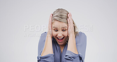 Buy stock photo Excited, surprise and woman with shock in studio for job offer, work promotion and good news. Mockup, person and happy for announcement, vacancy success and corporate opportunity on white background