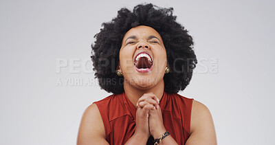 Buy stock photo Excited, shouting and woman with celebration in studio for job offer, promotion and good news. Mockup, african person and happy for announcement, vacancy success and opportunity on white background