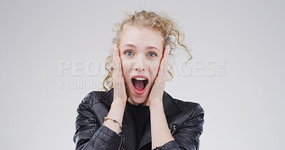 Buy stock photo Woman, surprise and scream with in studio portrait for deal, good news and shock on white background. Person, wow and mock up space for information, announcement and discount with shout in Germany