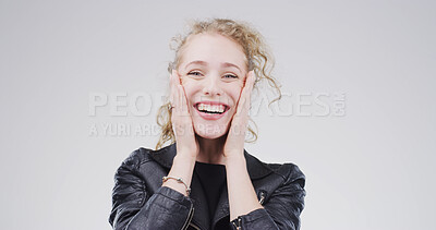 Buy stock photo Portrait, surprise and woman in studio, smile and announcement on white background. Happy person, facial expression and shocked with good news, winner or giveaway with bonus, excited and opportunity