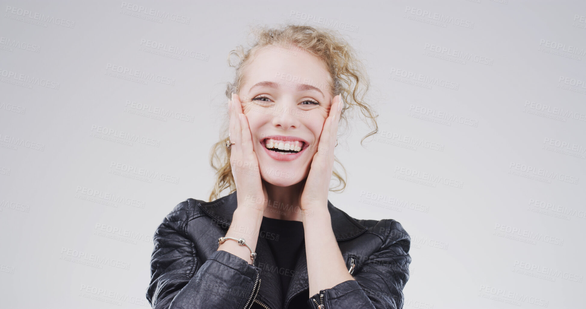 Buy stock photo Portrait, surprise and woman in studio, smile and announcement on white background. Happy person, facial expression and shocked with good news, winner or giveaway with bonus, excited and opportunity