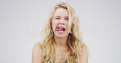 Buy stock photo Portrait, funny face and woman with facial expression, studio or playful for comedy, humor or comic. White background, quirky and person with reaction for personality, goofy and silly with gesture
