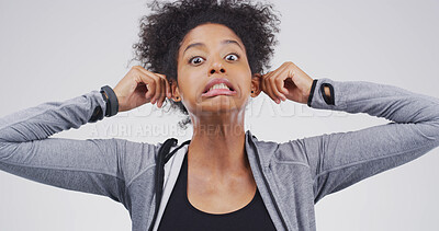 Buy stock photo Studio, portrait or woman with funny face, facial expression or silly for humor, gesture and comic. White background, personality or black person with reaction for comedy, goofy or confident in Kenya