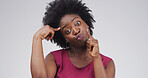 Portrait, funny face and woman with humor, comic or facial expression for comedy, playful or studio. White background, emoji or black person with reaction for personality, goofy or silly with gesture