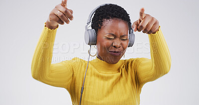 Buy stock photo Black woman, headphones and music with dancing in studio with album, streaming or song on white background. African person, smile and listen with audio subscription, radio or sound with rhythm