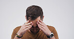 Pain, tension and man with headache in studio from stress, hypertension and overwhelmed by ache. Mockup space, person and pressure migraine on white background with discomfort, dizziness or brain fog