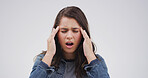 Pain, tension and woman with headache in studio from stress, vertigo and overwhelmed by ache. Mockup space, person with depression and pressure migraine on white background with discomfort and strain