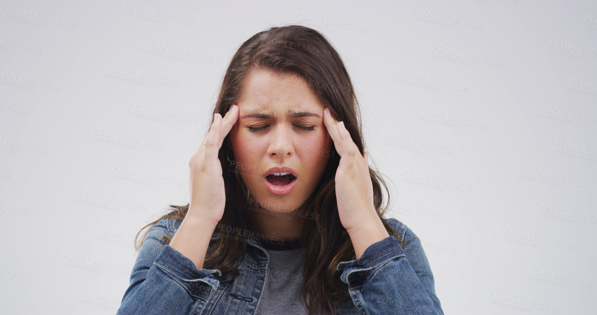 Buy stock photo Pain, tension and woman with headache in studio from stress, vertigo and overwhelmed by ache. Mockup space, person with depression and pressure migraine on white background with discomfort and strain
