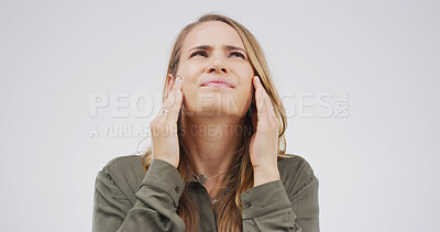 Buy stock photo Headache, pain and woman in studio upset with tension, pressure and brain fog on white background. Mockup space, health crisis and person massage with frustrated, fatigue and stress for migraine