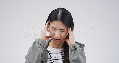 Buy stock photo Frustrated woman, headache and fatigue with stress in studio for pain on a white background. Female person, model or migraine with anxiety or dizziness for pressure, strain or mental health on space