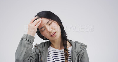 Buy stock photo Stress, pain and woman with headache in studio from mental health fatigue, vertigo and brain fog. Mockup space, girl and tension migraine on white background with dizziness, pressure and overwhelmed