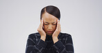 Pressure, pain and woman with headache in studio from stress, vertigo and overwhelmed by tension. Mockup space, person and migraine on white background with dizziness, brain fog and mental health