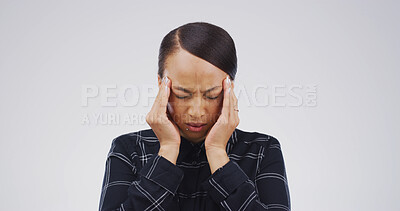 Buy stock photo Pressure, pain and woman with headache in studio from stress, vertigo and overwhelmed by tension. Mockup space, person and migraine on white background with dizziness, brain fog and mental health