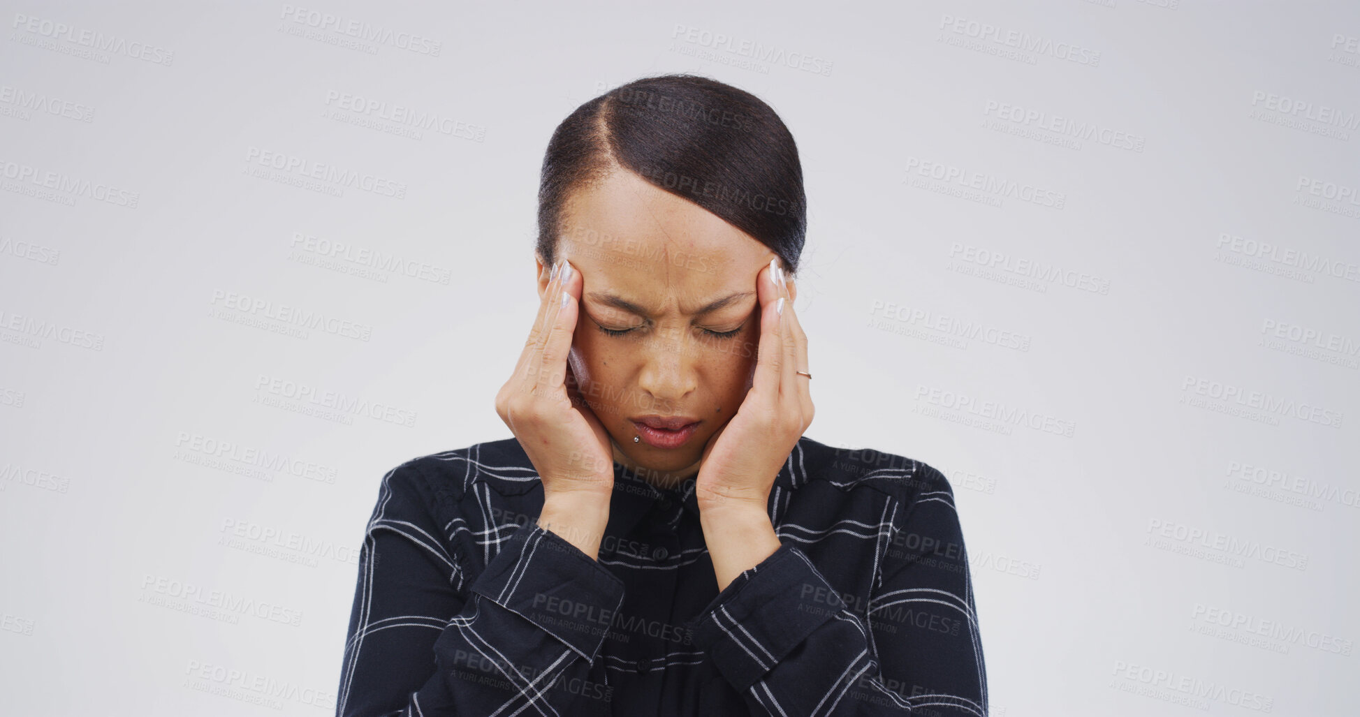 Buy stock photo Pressure, pain and woman with headache in studio from stress, vertigo and overwhelmed by tension. Mockup space, person and migraine on white background with dizziness, brain fog and mental health