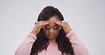 Headache, pain and black woman in studio, burnout and frustrated on white background. African person, mockup space and migraine with mental health, anxiety and discomfort with brain fog and stress