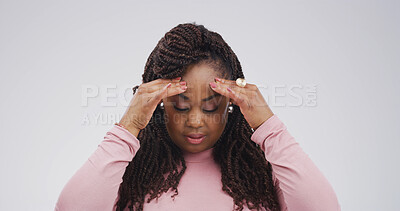 Buy stock photo Headache, pain and black woman in studio, burnout and frustrated on white background. African person, mockup space and migraine with mental health, anxiety and discomfort with brain fog and stress