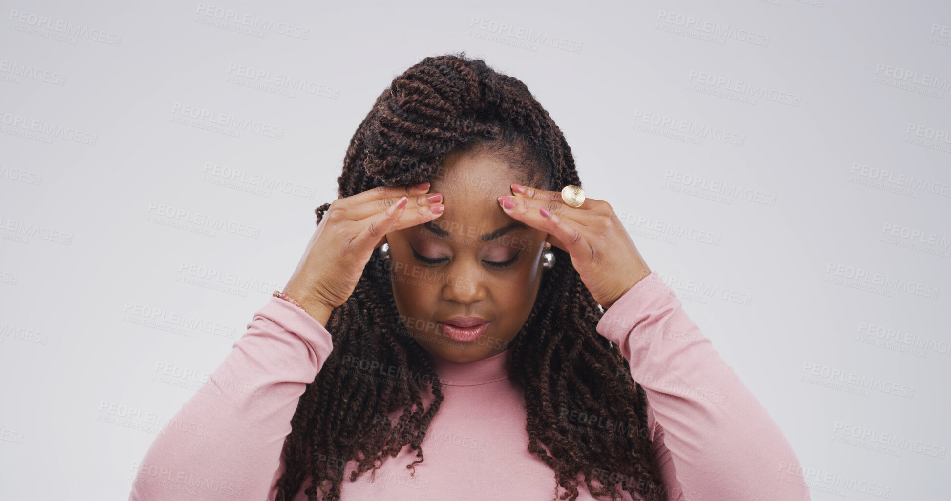 Buy stock photo Headache, pain and black woman in studio, burnout and frustrated on white background. African person, mockup space and migraine with mental health, anxiety and discomfort with brain fog and stress