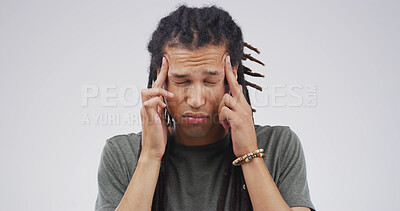 Buy stock photo Pain, pressure and man with headache in studio from stress, massage temples or overwhelmed by ache. Mockup space, person and tension migraine on white background with discomfort, dizziness or vertigo