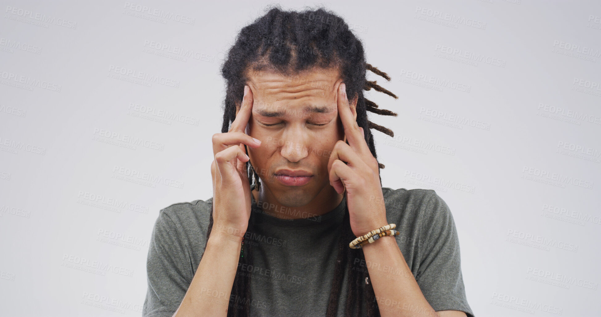 Buy stock photo Pain, pressure and man with headache in studio from stress, massage temples or overwhelmed by ache. Mockup space, person and tension migraine on white background with discomfort, dizziness or vertigo