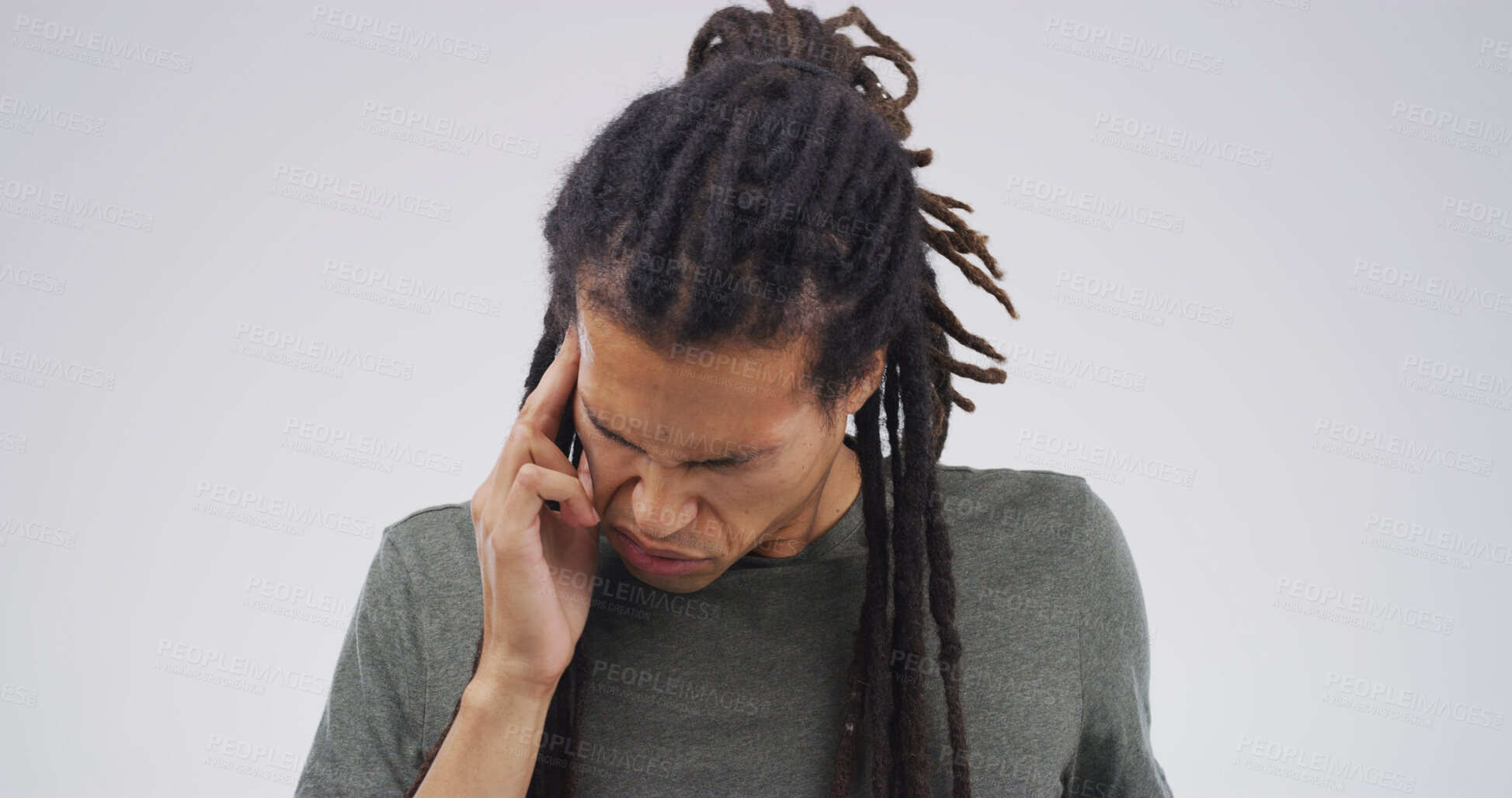 Buy stock photo Stress, headache and man in studio with burnout, exhaustion or pain for mental health. Frustration, mistake and male person with migraine for fatigue, pressure or anxiety by white background.