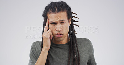 Buy stock photo Portrait, hurt or man with headache in studio with stress, burnout space or artist. Frustrated, loss or upset African designer with migraine on white background with discomfort, dizziness or crisis