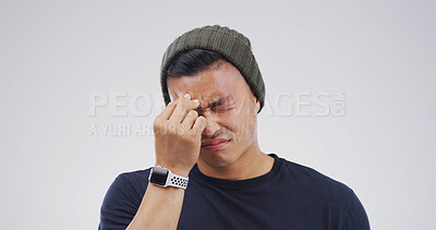 Buy stock photo Stress, headache and man in studio with pain, brain fog and vertigo on white background with space. Migraine, tired and sick person with mental health crisis, burnout and fatigue for depression
